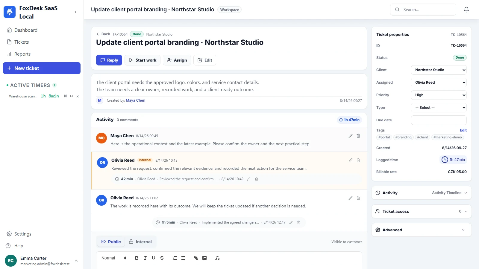 FoxDesk ticket with fictional client communication, assigned owner, and recorded work